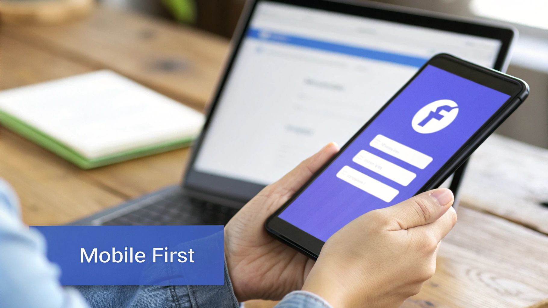 Person holding a smartphone with Facebook login screen, laptop in background, emphasizing mobile first design.