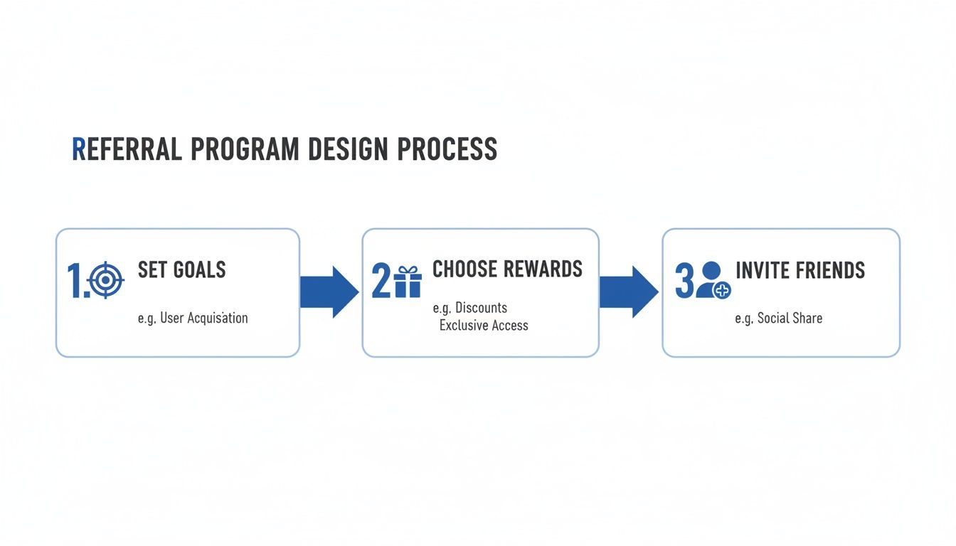 A diagram illustrates the three steps of the referral program design process: set goals, choose rewards, and invite friends.
