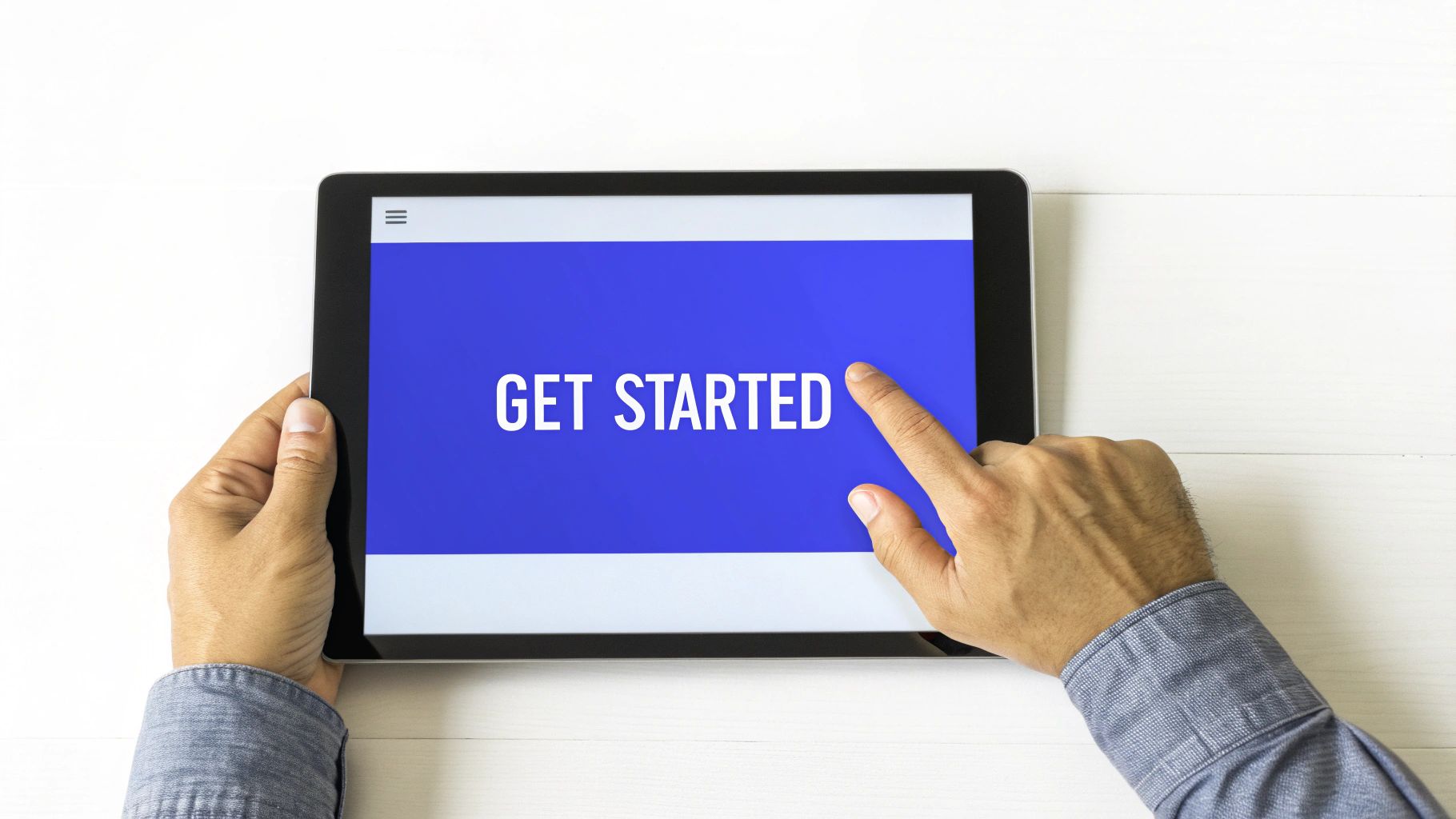 Person touching get started button on tablet screen to begin digital onboarding process