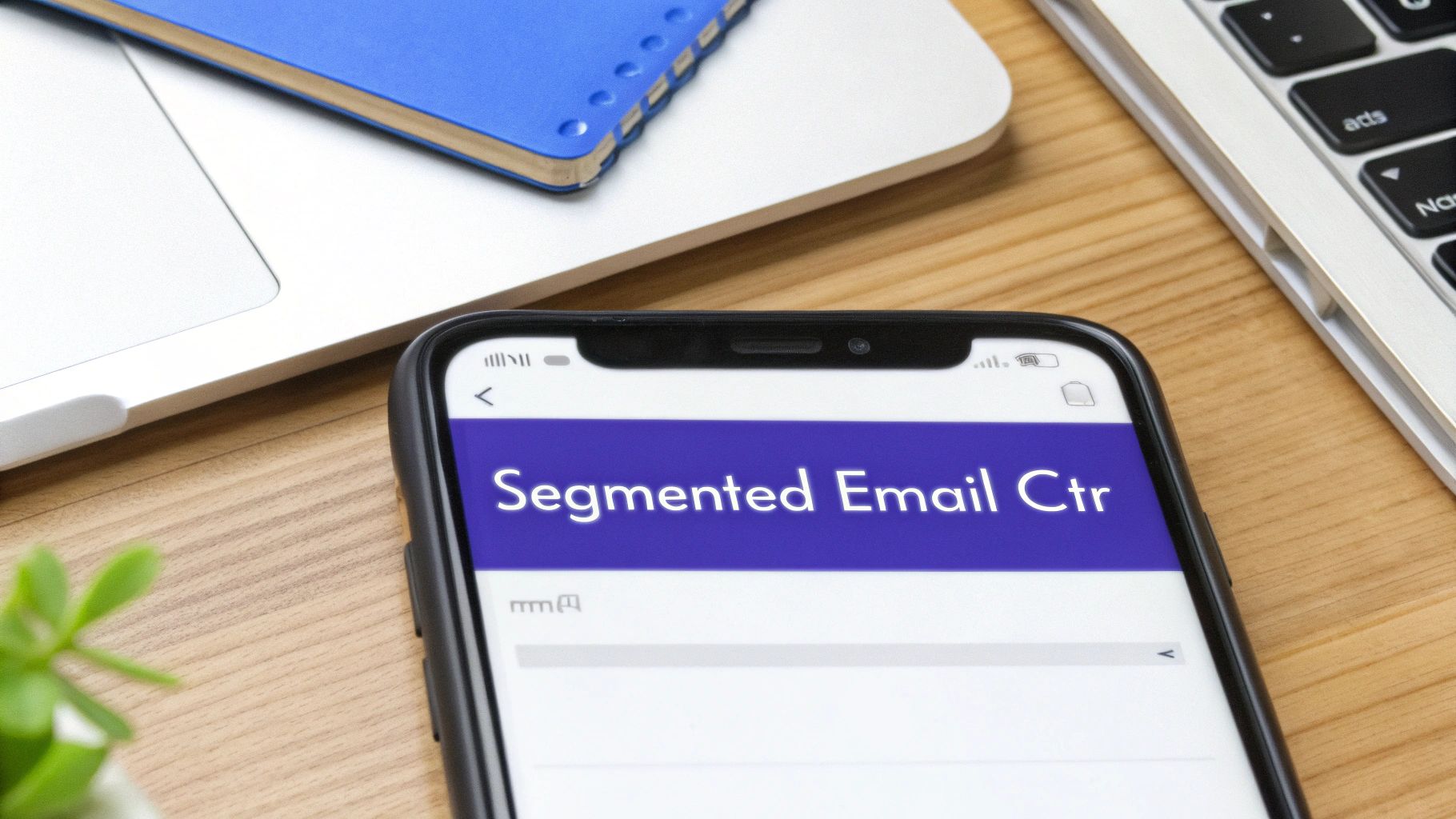 Smartphone displaying segmented email center app on wooden desk with laptop and notebook