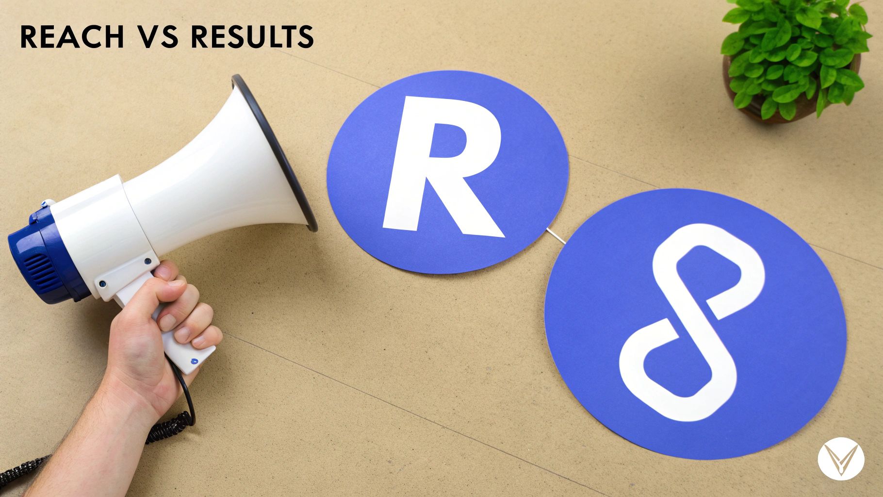 Hand holding a megaphone next to blue circles with 'R' and infinity symbol, illustrating 'REACH VS RESULTS'.