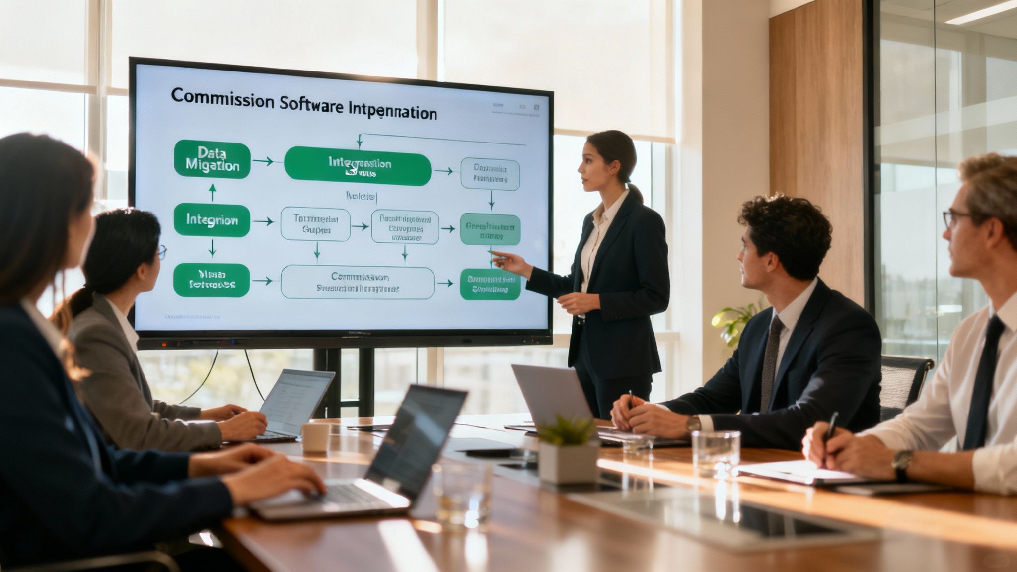 Two people collaborating on a project plan with laptops and whiteboards in a modern office.