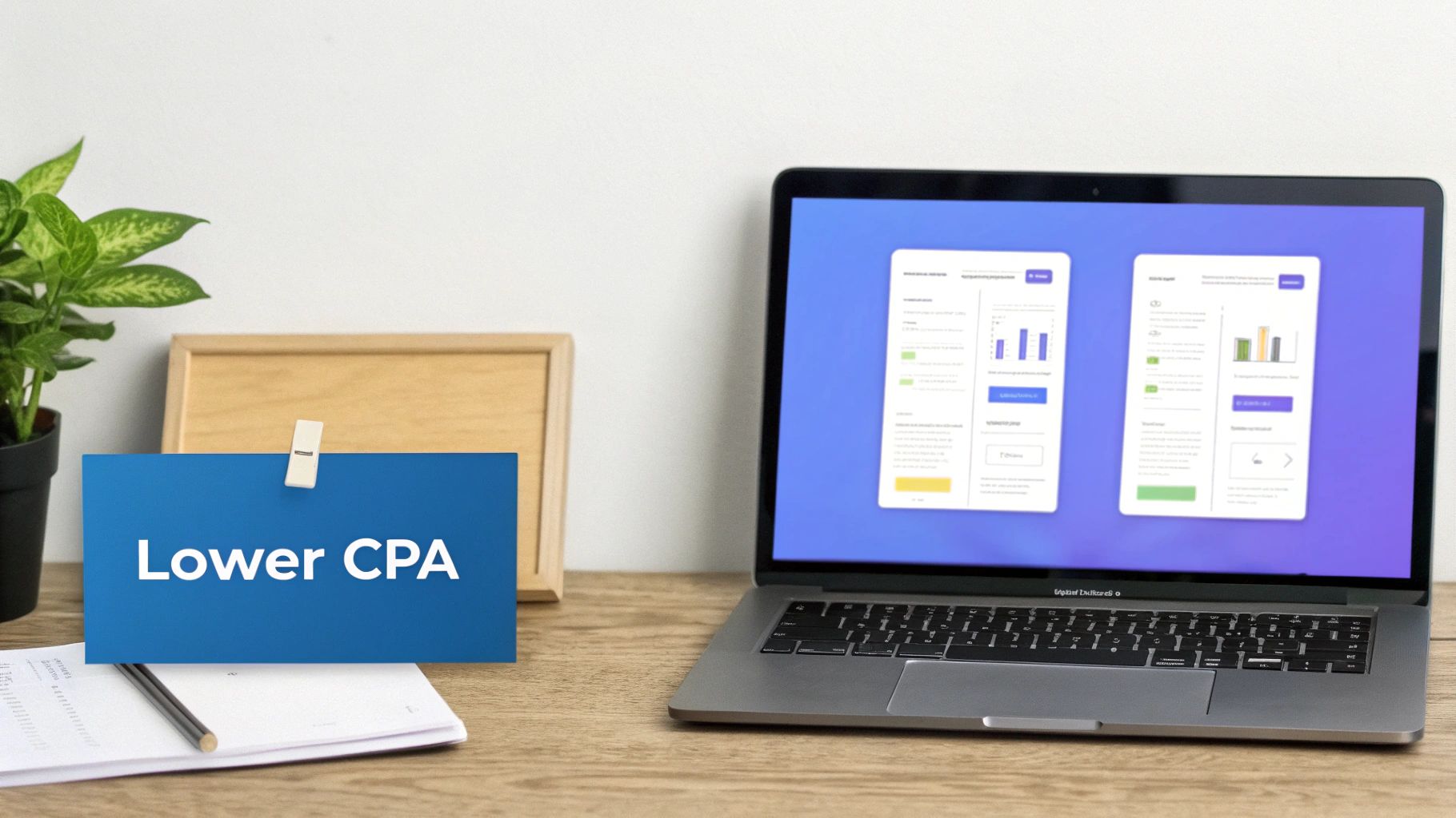 A laptop on a wooden desk showing data charts, with a blue sign reading 'Lower CPA' in the foreground.