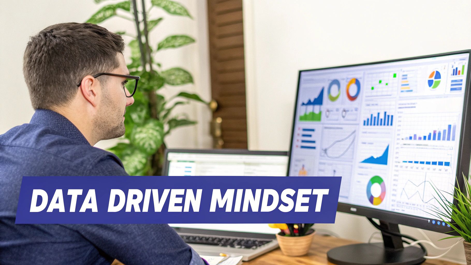 A man with a data-driven mindset analyzes charts and graphs on multiple computer screens.