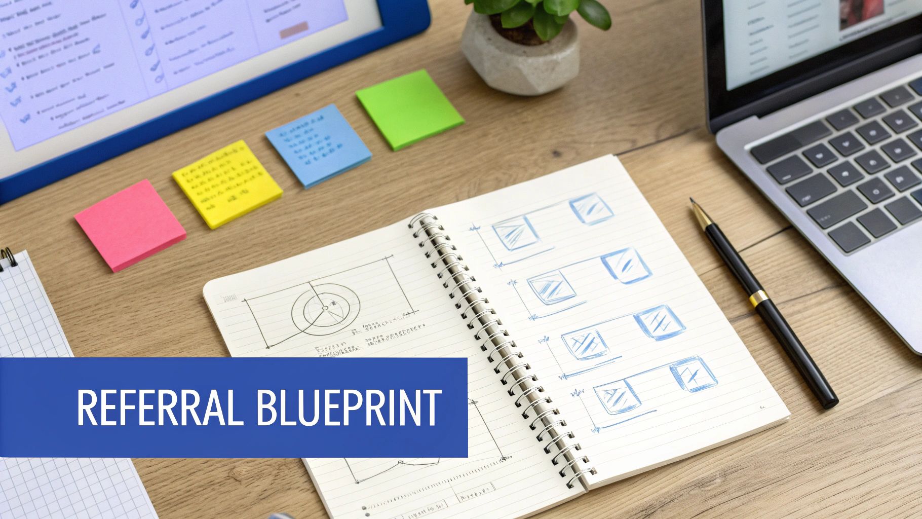A top-down view of a desk setup with a laptop, tablet, notebook, pen, and sticky notes, featuring a 'Referral Blueprint' banner.