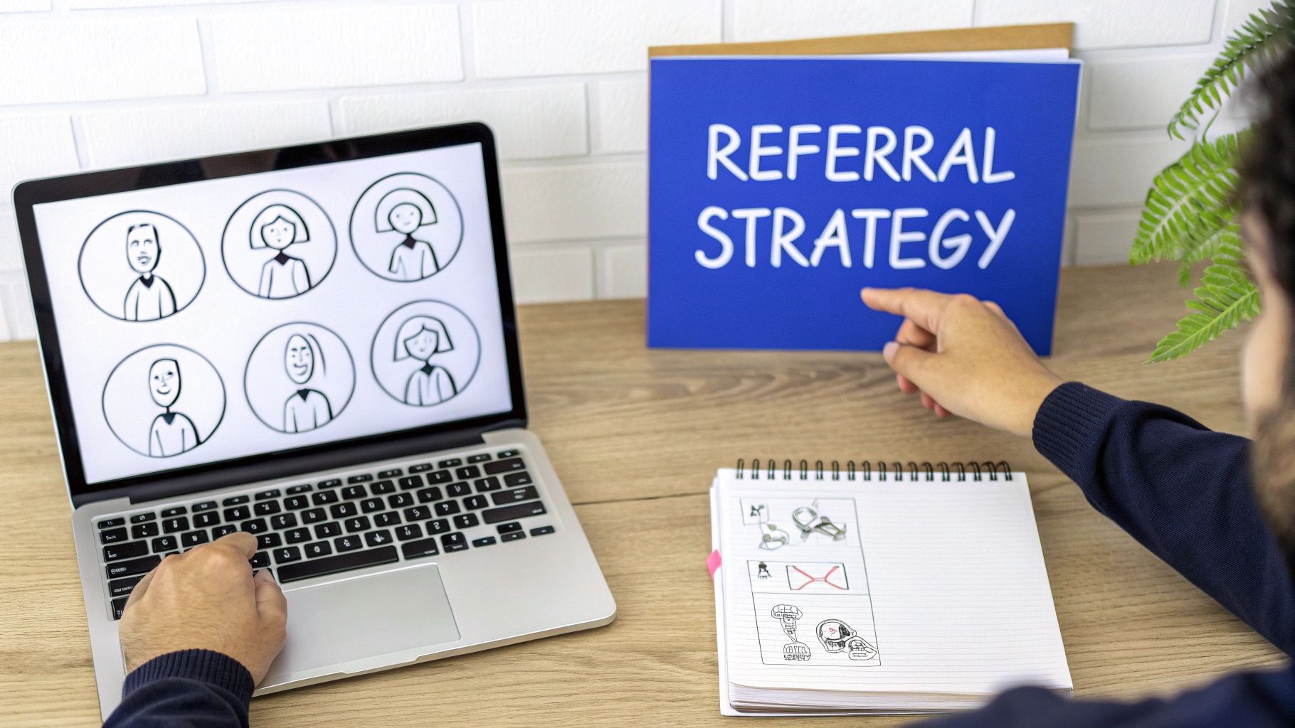 A person at a desk with a laptop showing diverse people icons and a 'REFERRAL STRATEGY' sign.
