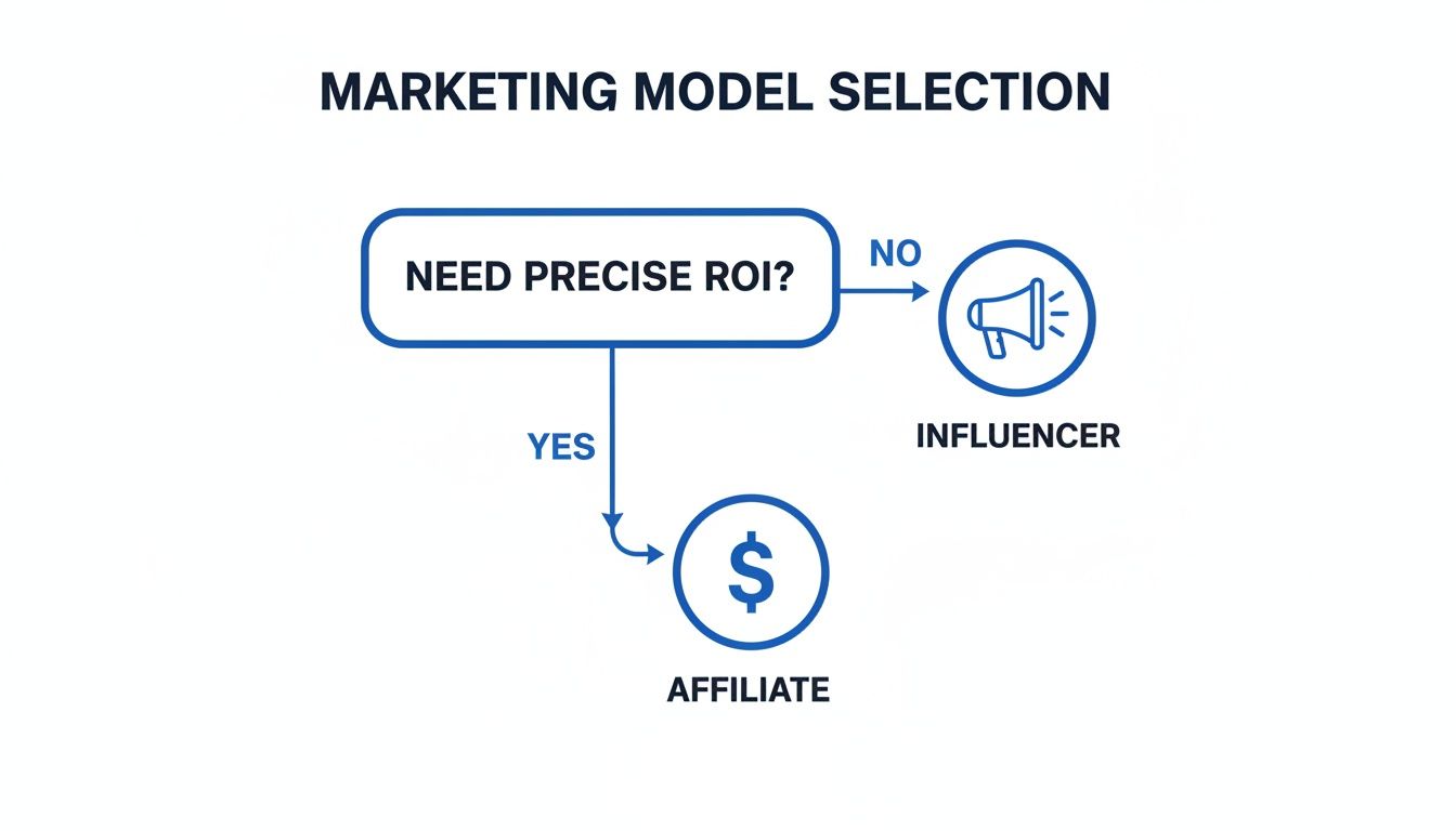 Flowchart illustrating marketing model selection between influencer and affiliate based on precise ROI needs.