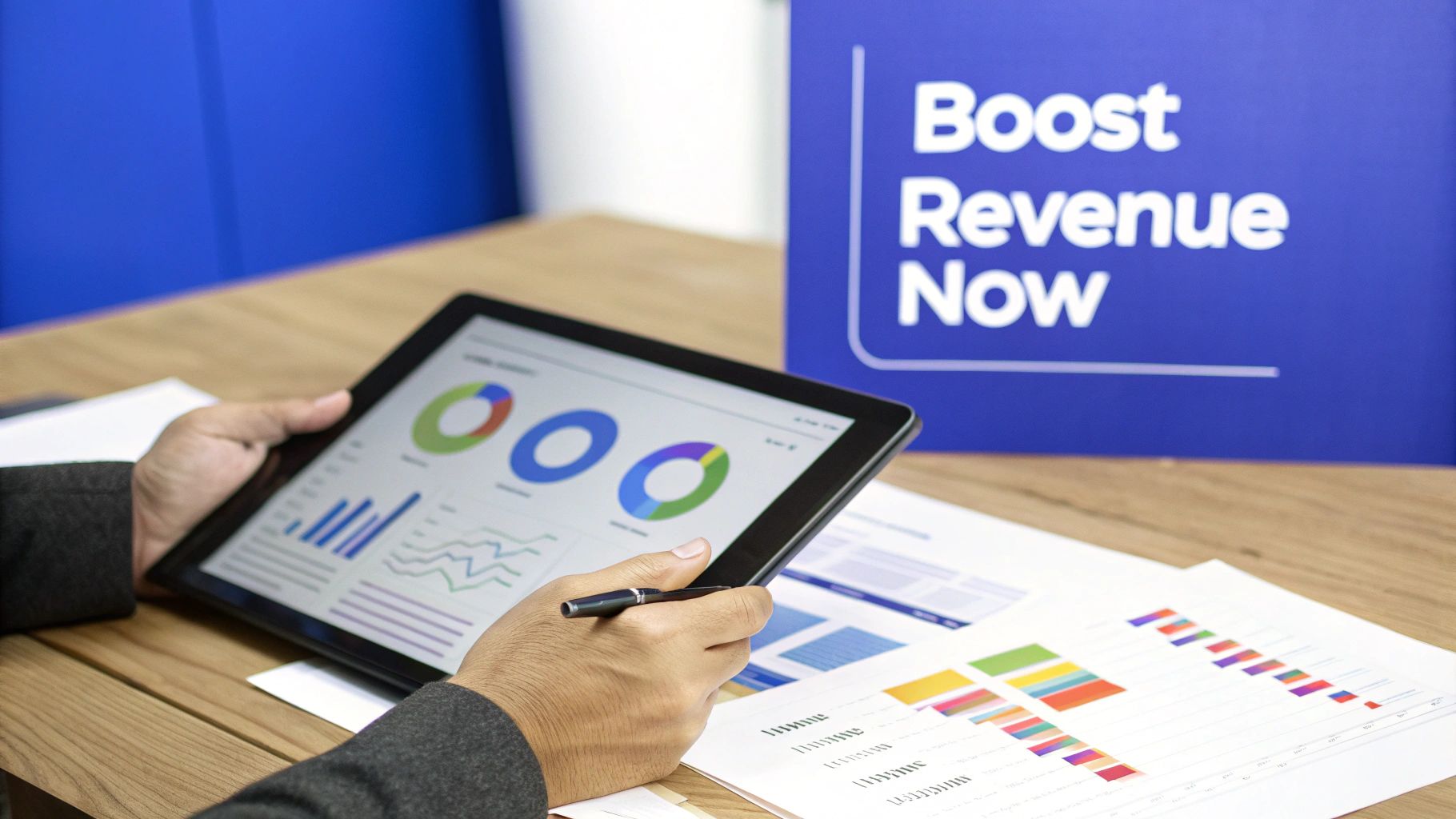 A digital dashboard showing colorful charts and graphs representing affiliate link tracking data.