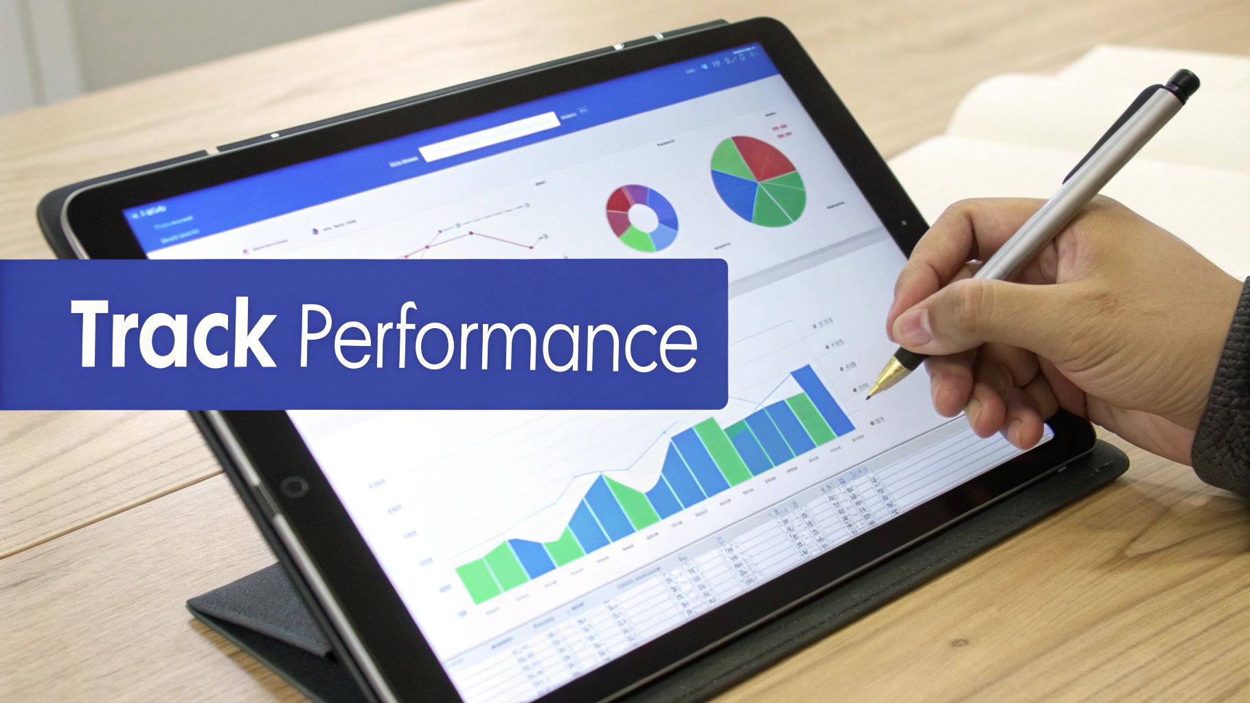 A hand using a stylus on a tablet displaying various performance charts and graphs.
