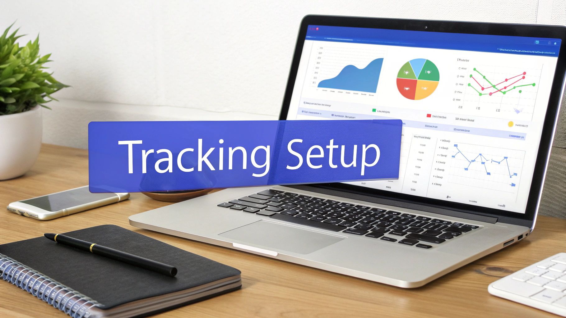 A laptop displaying data tracking setup with graphs and charts, a phone, and a notebook on a desk.