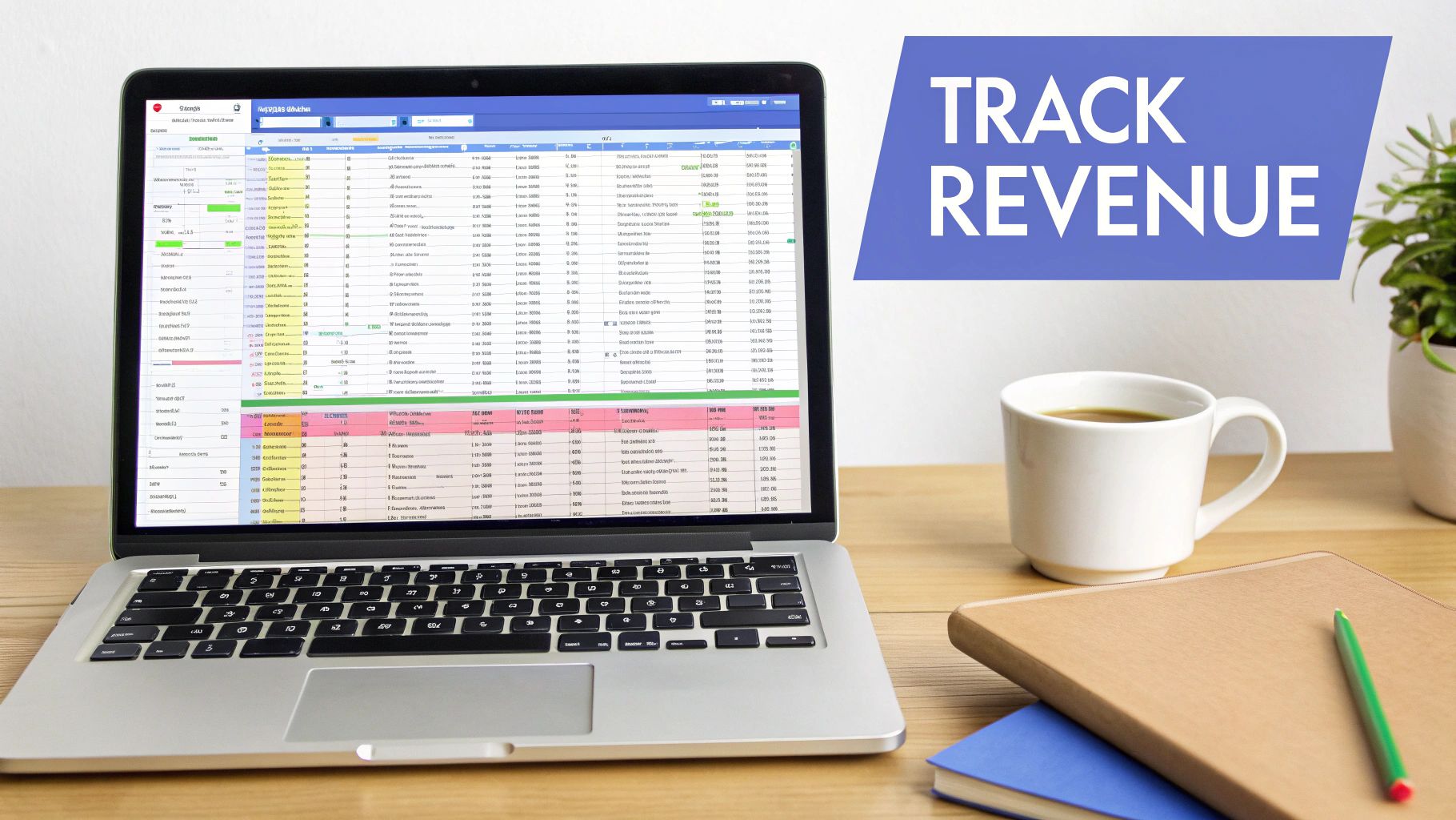A person working on a laptop with charts and graphs, representing data analysis for revenue attribution.