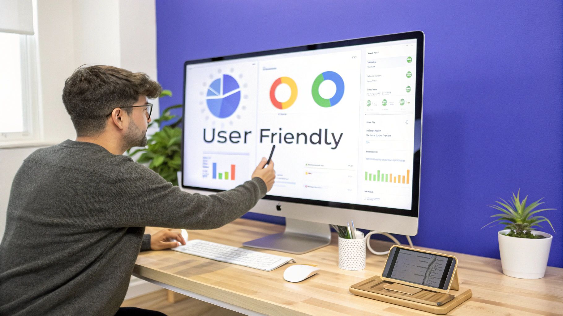 Man pointing at a computer screen displaying a 'User Friendly' marketing dashboard with charts and data.