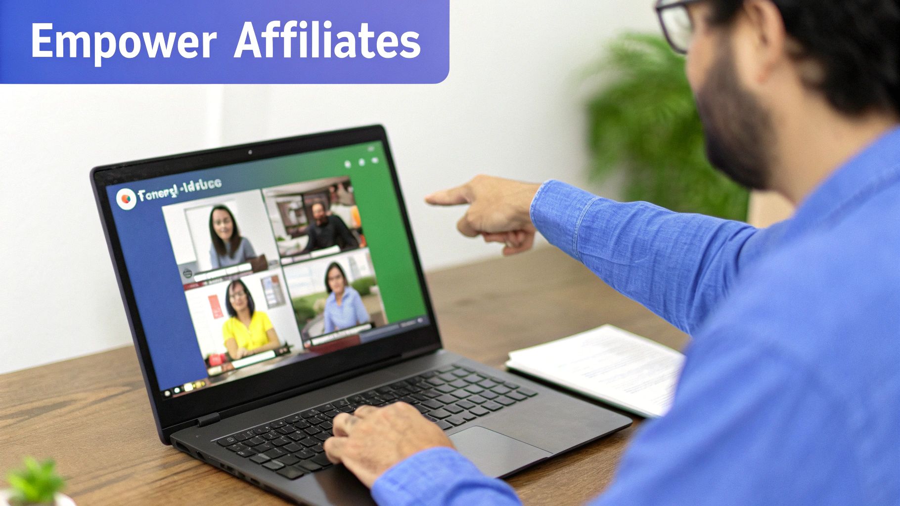 A man in a blue shirt points at a laptop screen displaying an online video call with four participants.