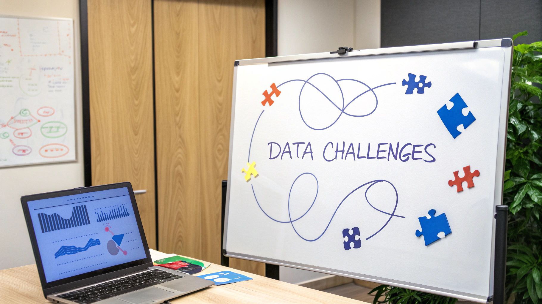 A laptop displays data graphs next to a whiteboard with 'DATA CHALLENGES' and colorful puzzle pieces.