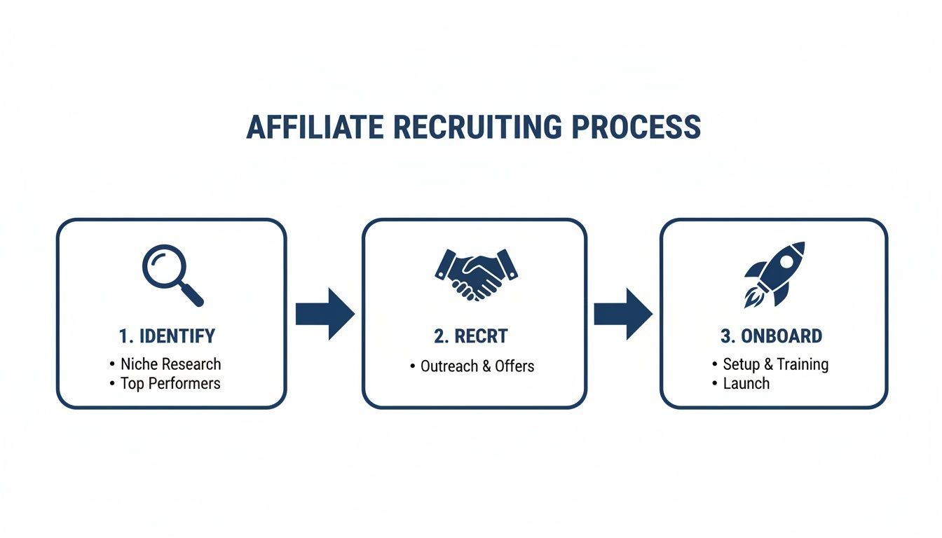 Diagram illustrating the three-step affiliate recruiting process: identify, recruit, and onboard affiliates.