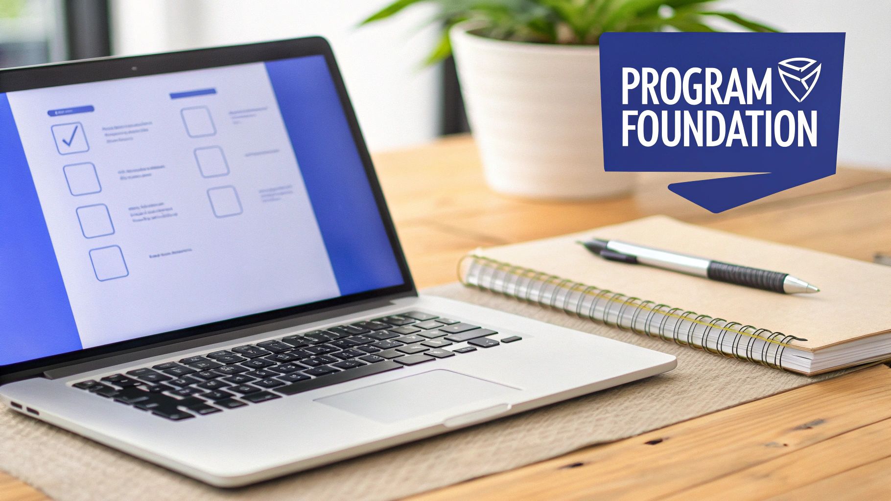 A laptop displaying a program checklist, alongside a notebook, pen, and 'PROGRAM FOUNDATION' logo.