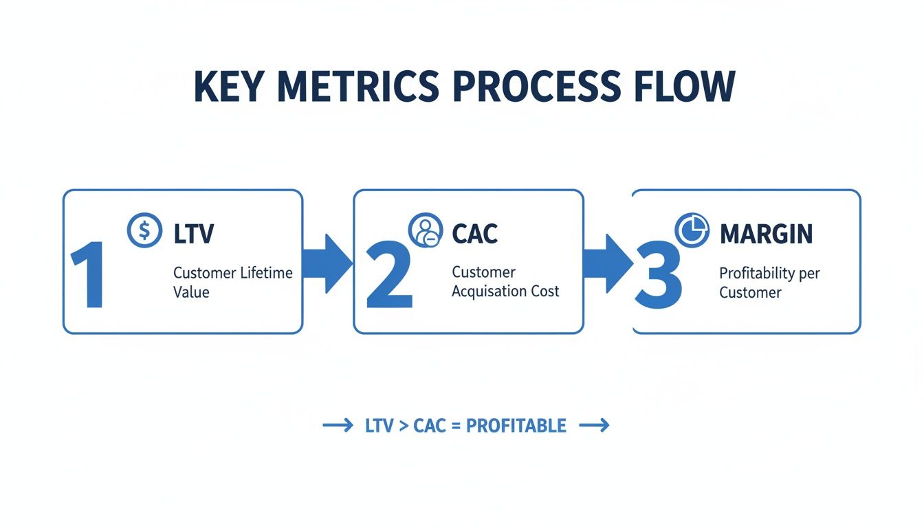 A process flow diagram illustrating key business metrics: LTV, CAC, and Margin, leading to profitability.