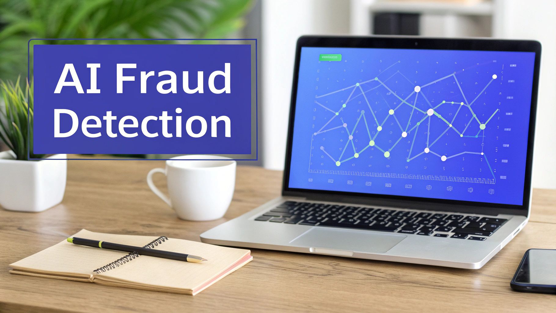 A laptop screen displays data graphs for AI fraud detection on a desk with a notebook and coffee.