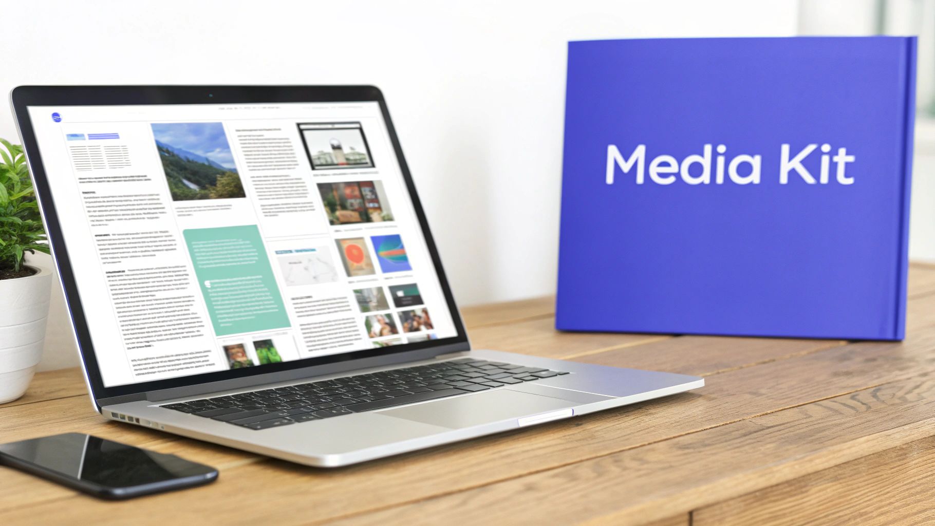 A silver laptop displaying a webpage, next to a smartphone and a blue Media Kit on a wooden table.