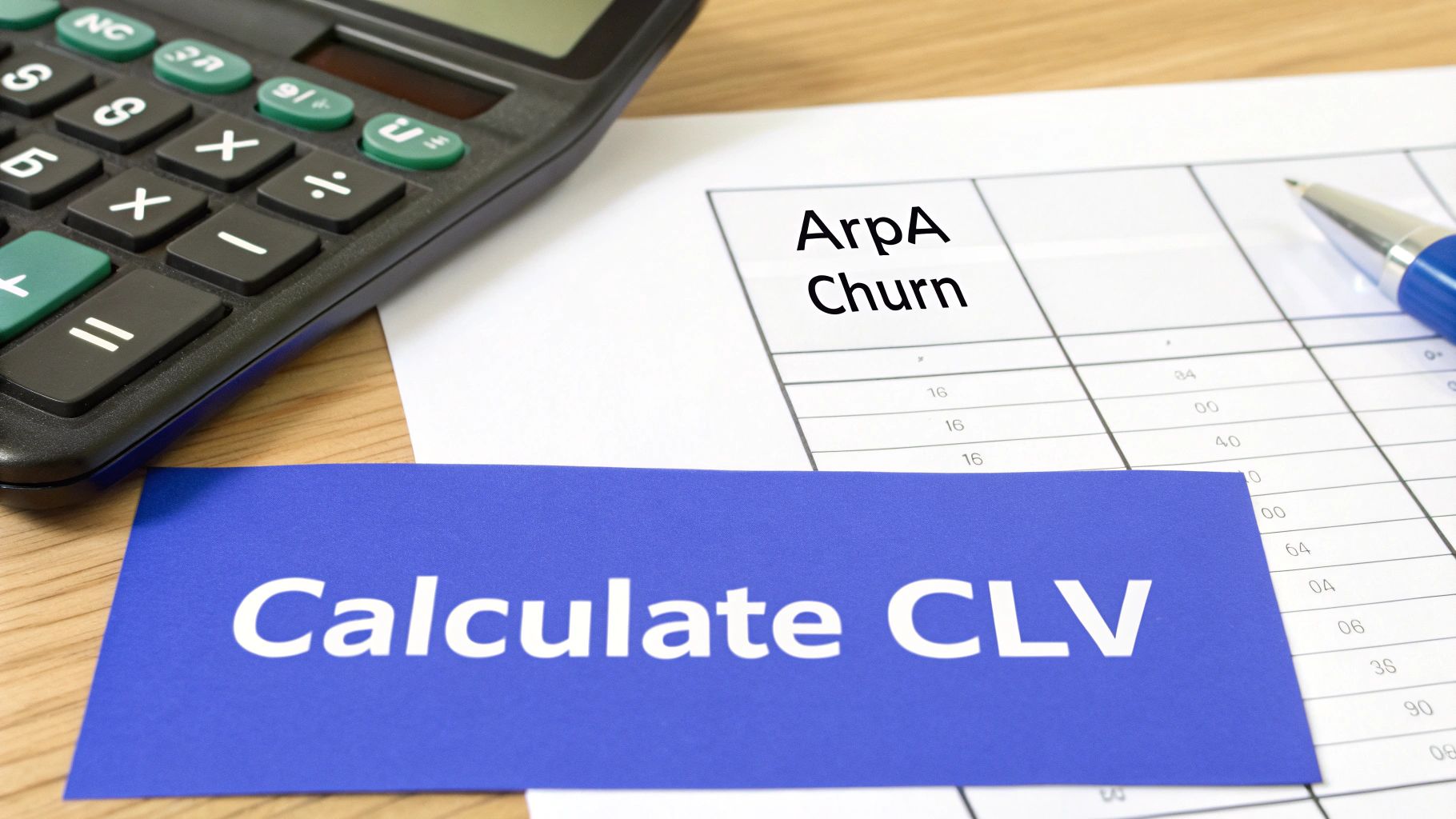 A calculator, pen, and paper with 'ArpA Churn' and a card saying 'Calculate CLV' on a desk.