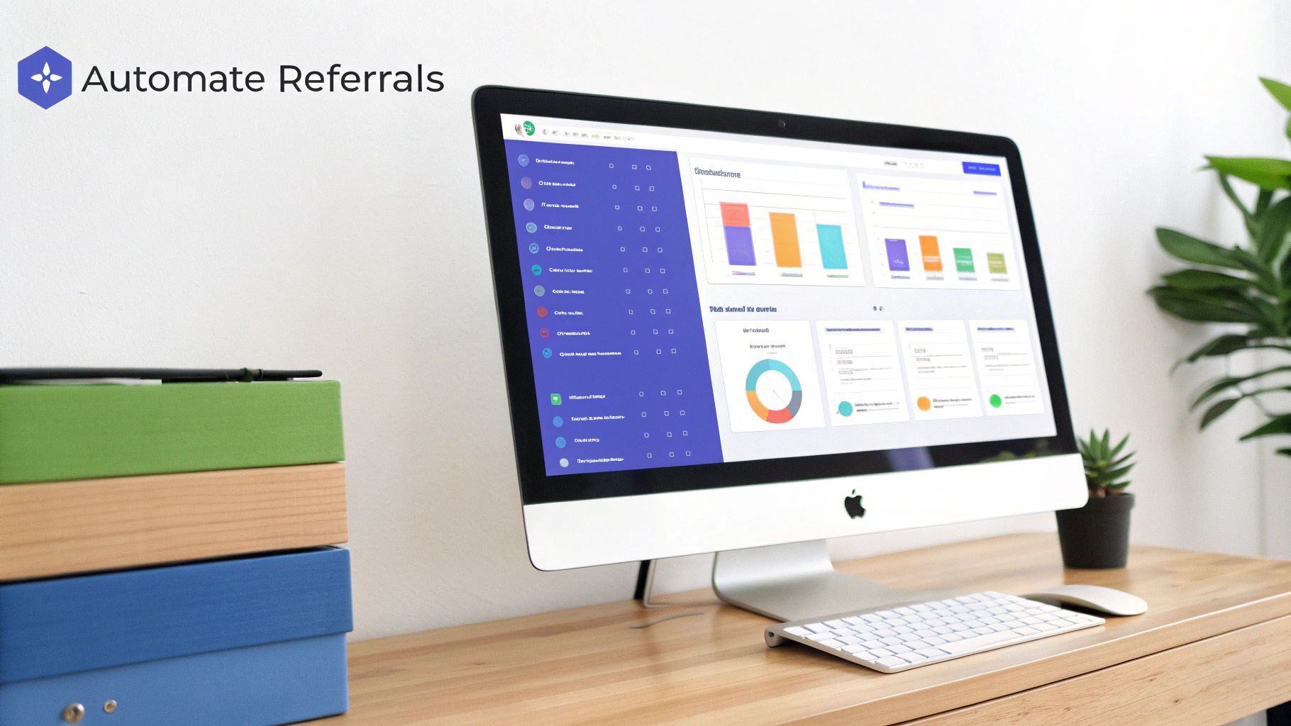A person managing their referral program on a laptop, showing a simplified dashboard and growth charts.