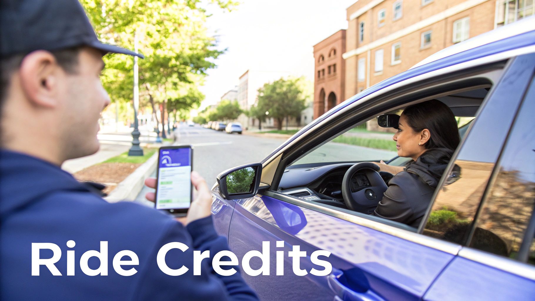 A person holds a smartphone displaying a ride-sharing app to a female driver in a blue car.