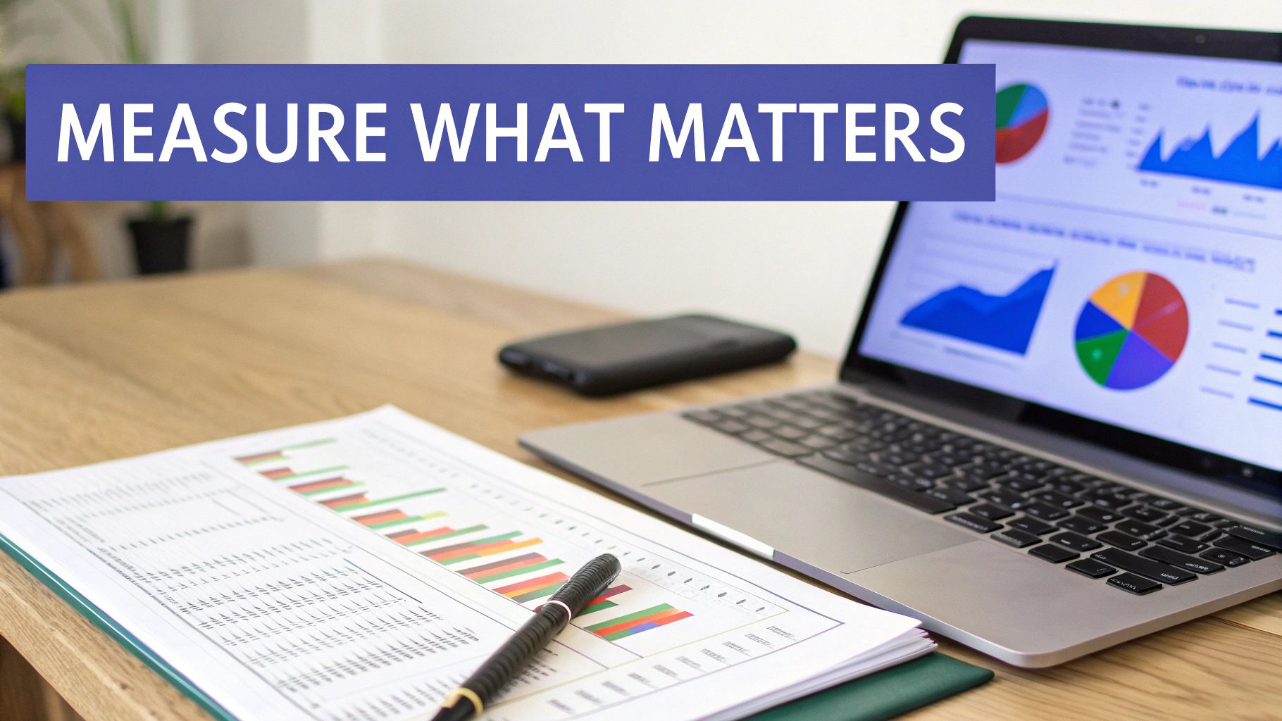 A laptop and documents display business data charts and graphs, emphasizing 'MEASURE WHAT MATTERS'.