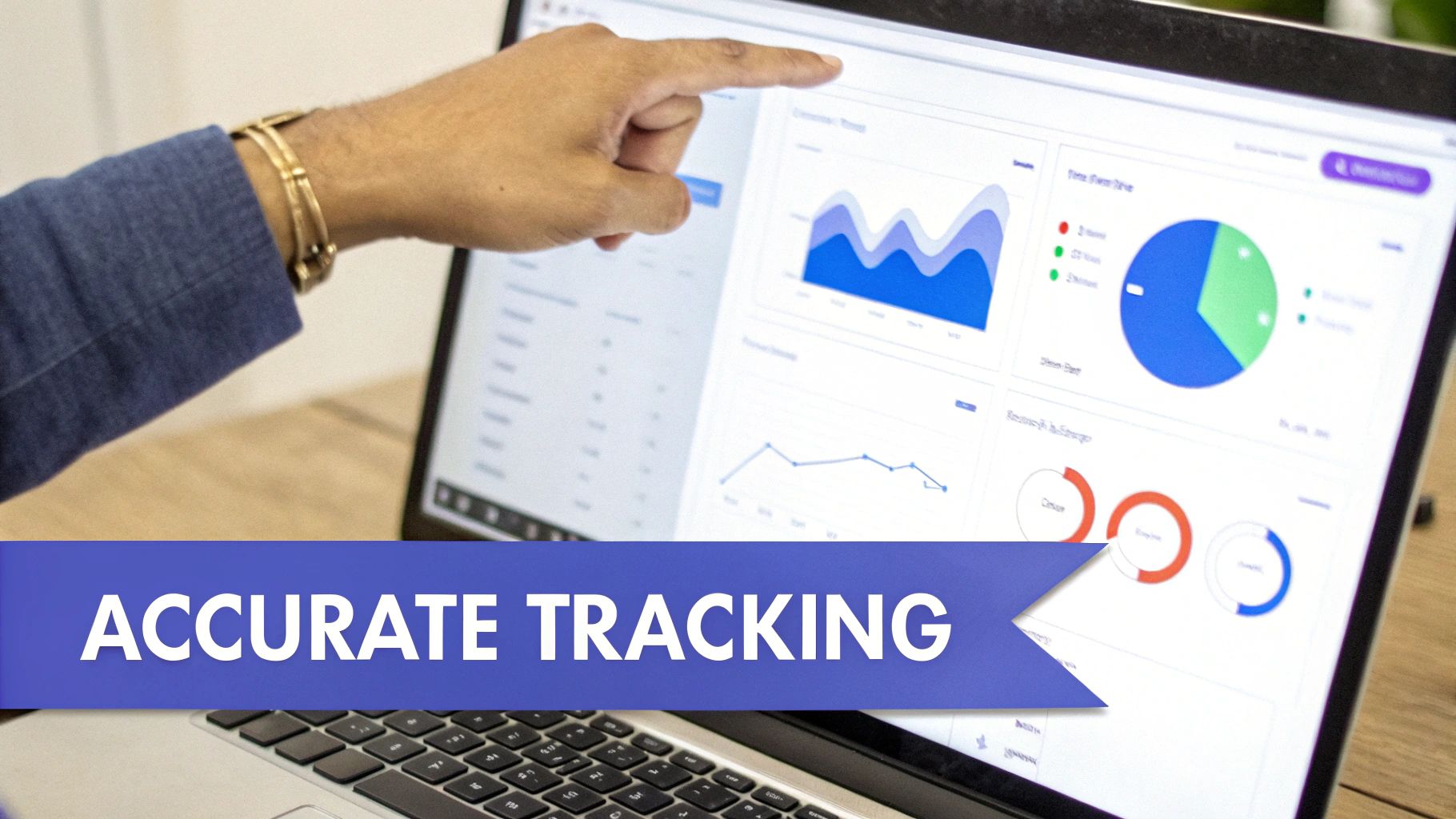 A hand points at a laptop screen displaying data analytics charts and graphs, highlighting accurate tracking.
