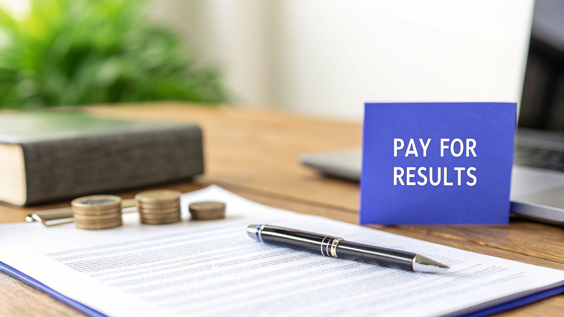 A contract with a pen and stacks of coins on a desk, next to a 'PAY FOR RESULTS' note.