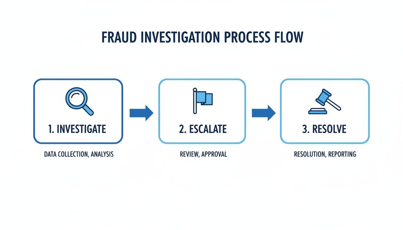Flowchart illustrating the three-step fraud investigation process: investigate, escalate, and resolve.