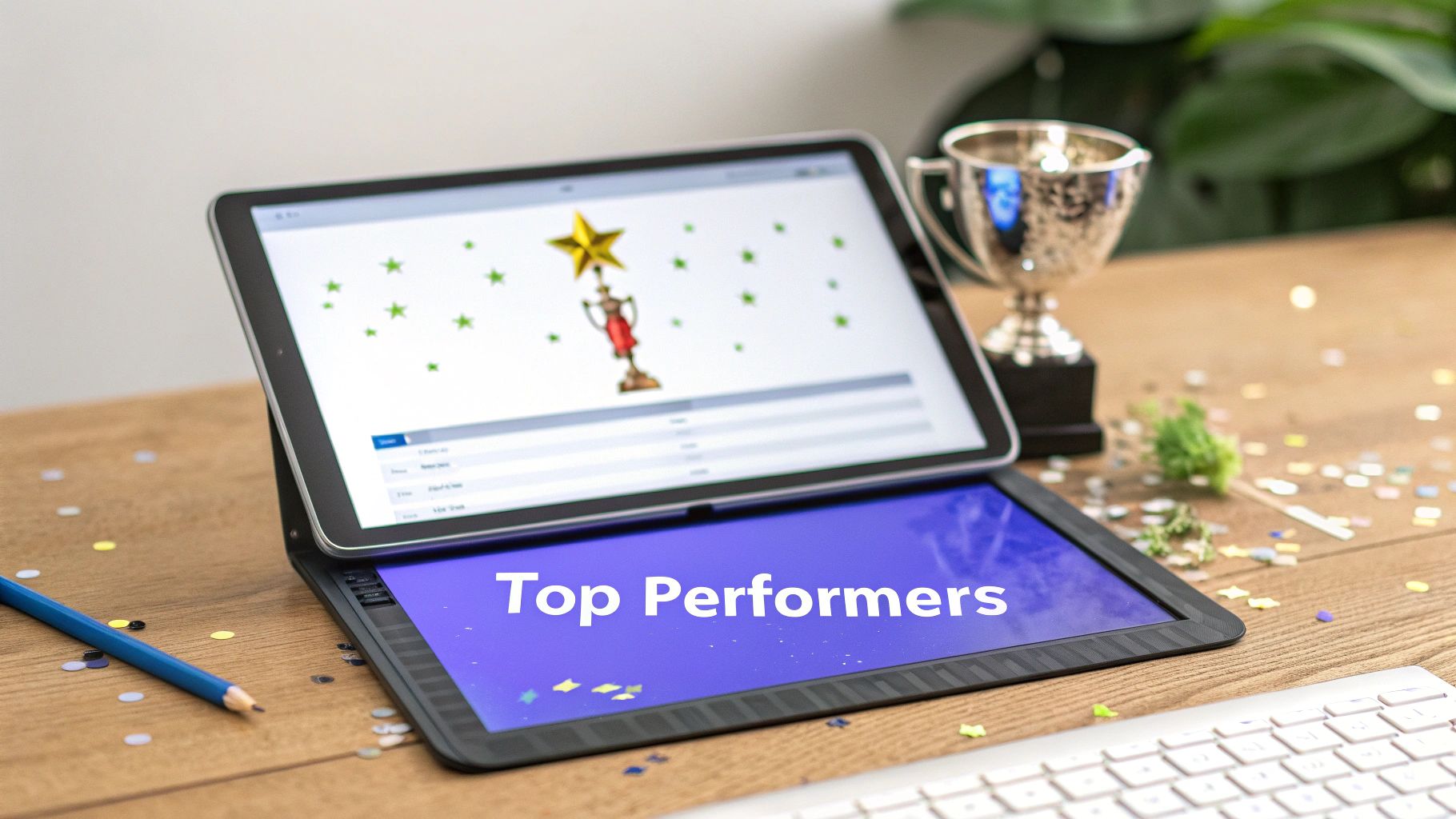 A tablet displaying 'Top Performers' and a star-topped trophy, surrounded by confetti and a silver cup.
