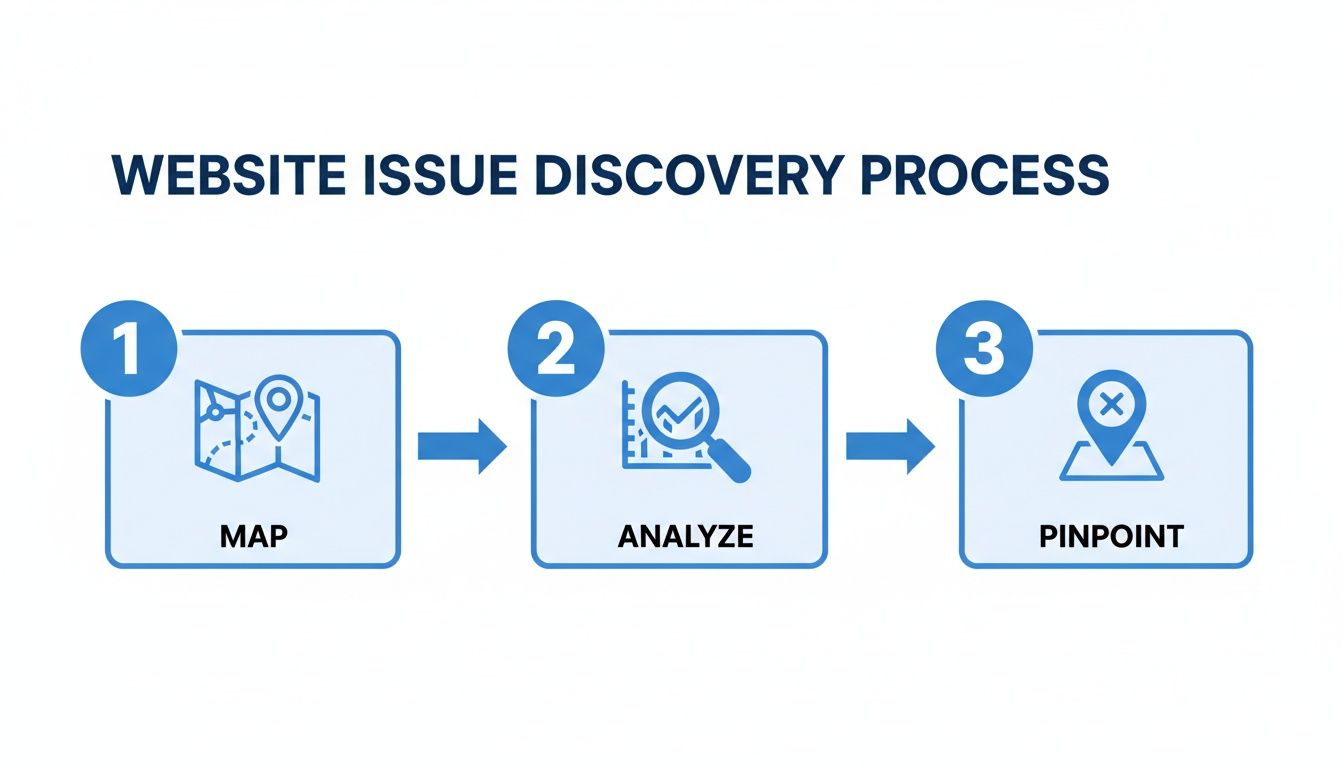A three-step website issue discovery process: map, analyze, and pinpoint issues.