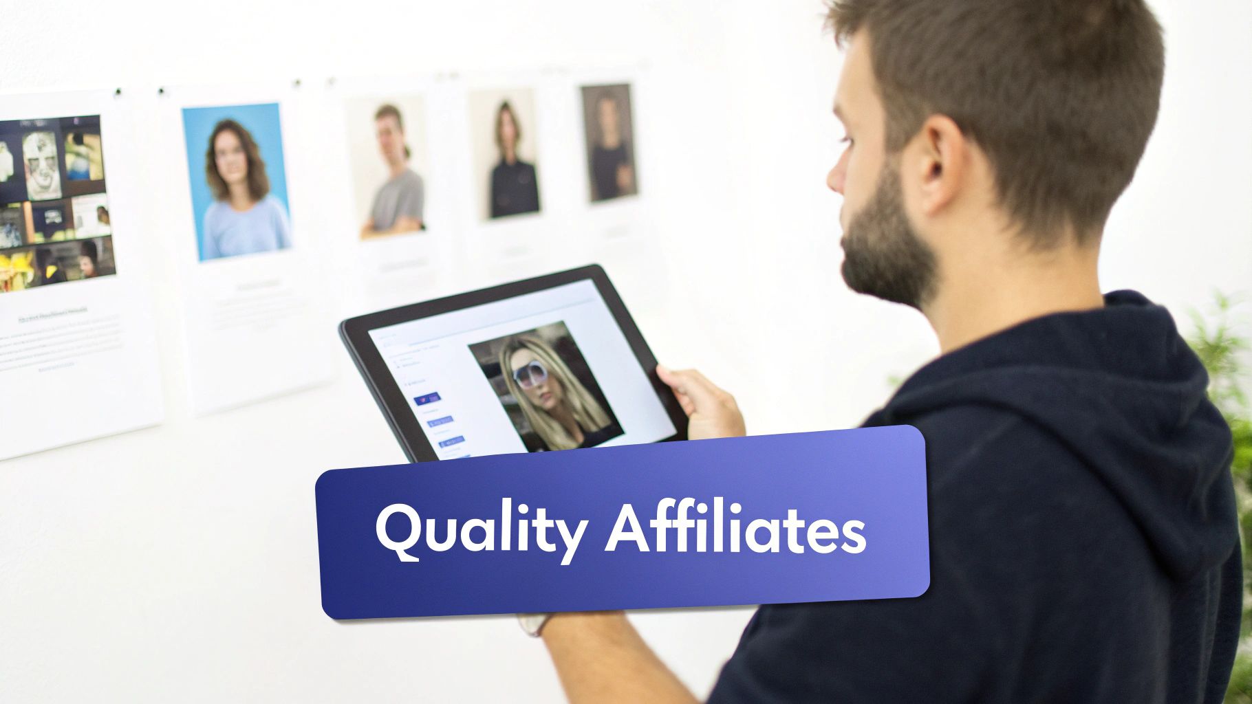 A man reviews affiliate profiles on a tablet, with a 'Quality Affiliates' banner.