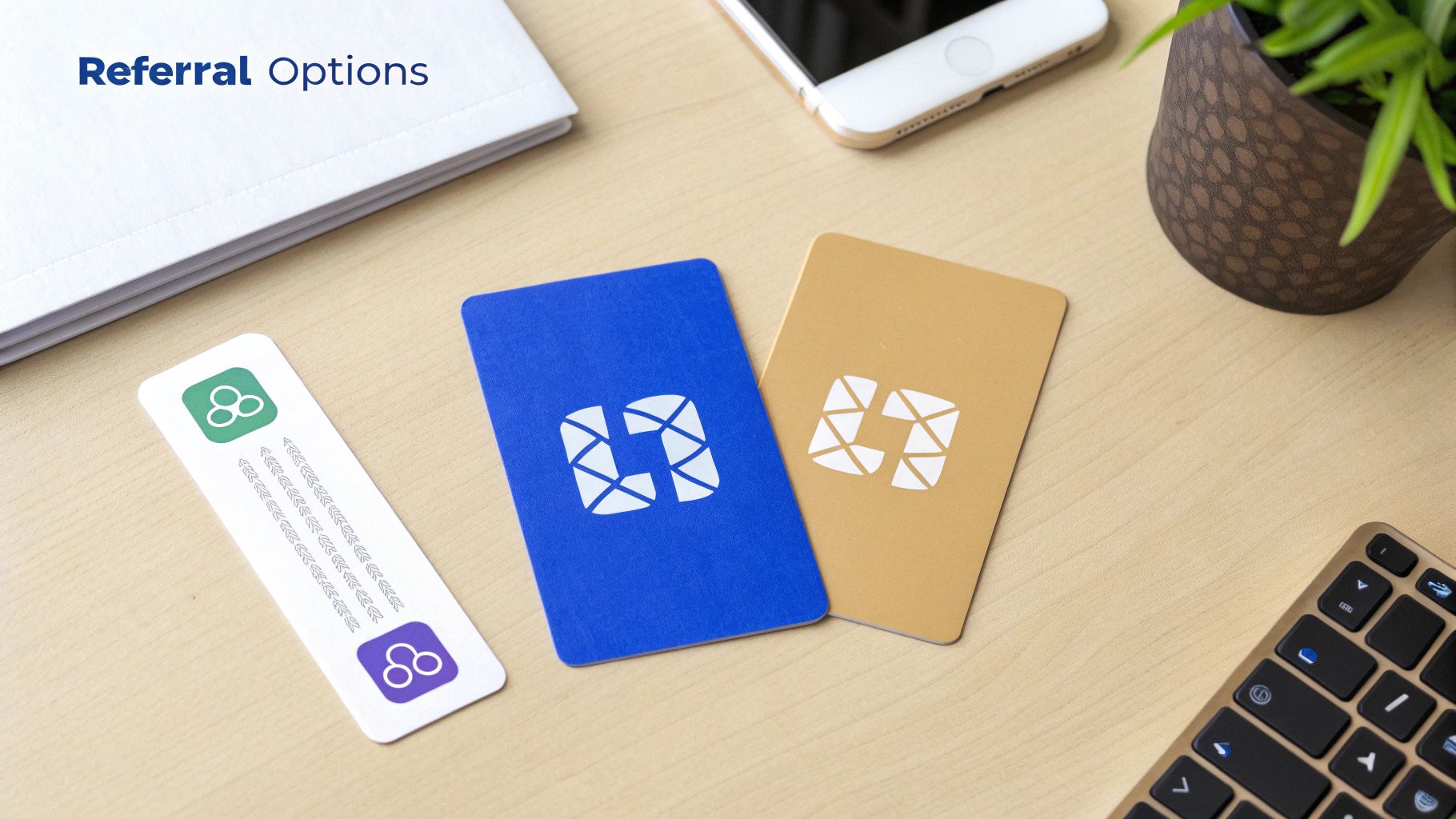Three referral cards, a smartphone, and a plant on a wooden desk, illustrating referral options.