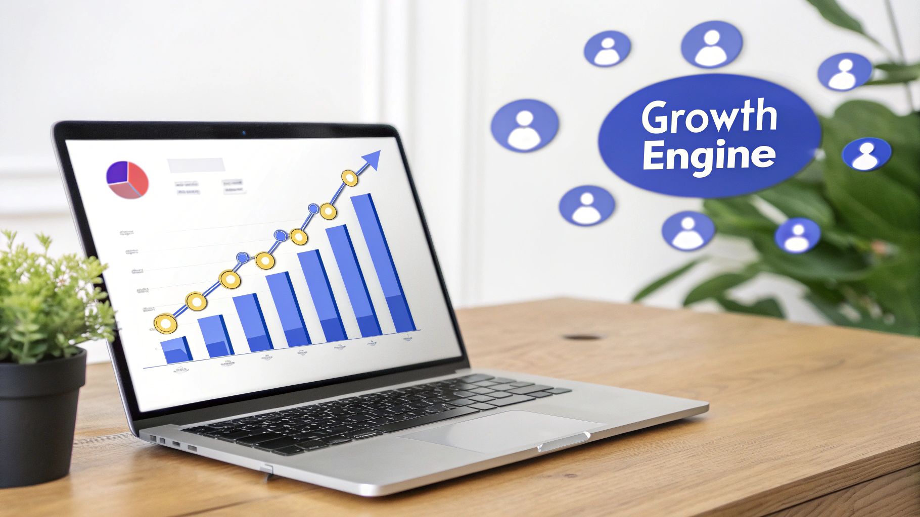 A laptop displays a growth chart with an upward trend, next to a 'Growth Engine' diagram.