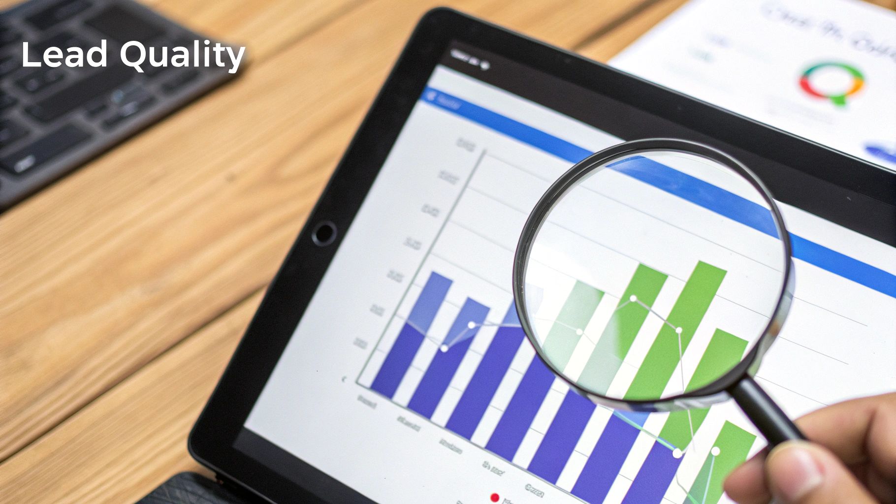 A hand holds a magnifying glass over a tablet displaying data charts, emphasizing lead quality analysis.