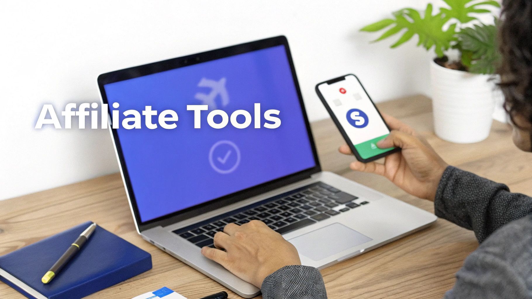 A person uses a laptop displaying 'Affiliate Tools' and a smartphone with an 'S' logo.