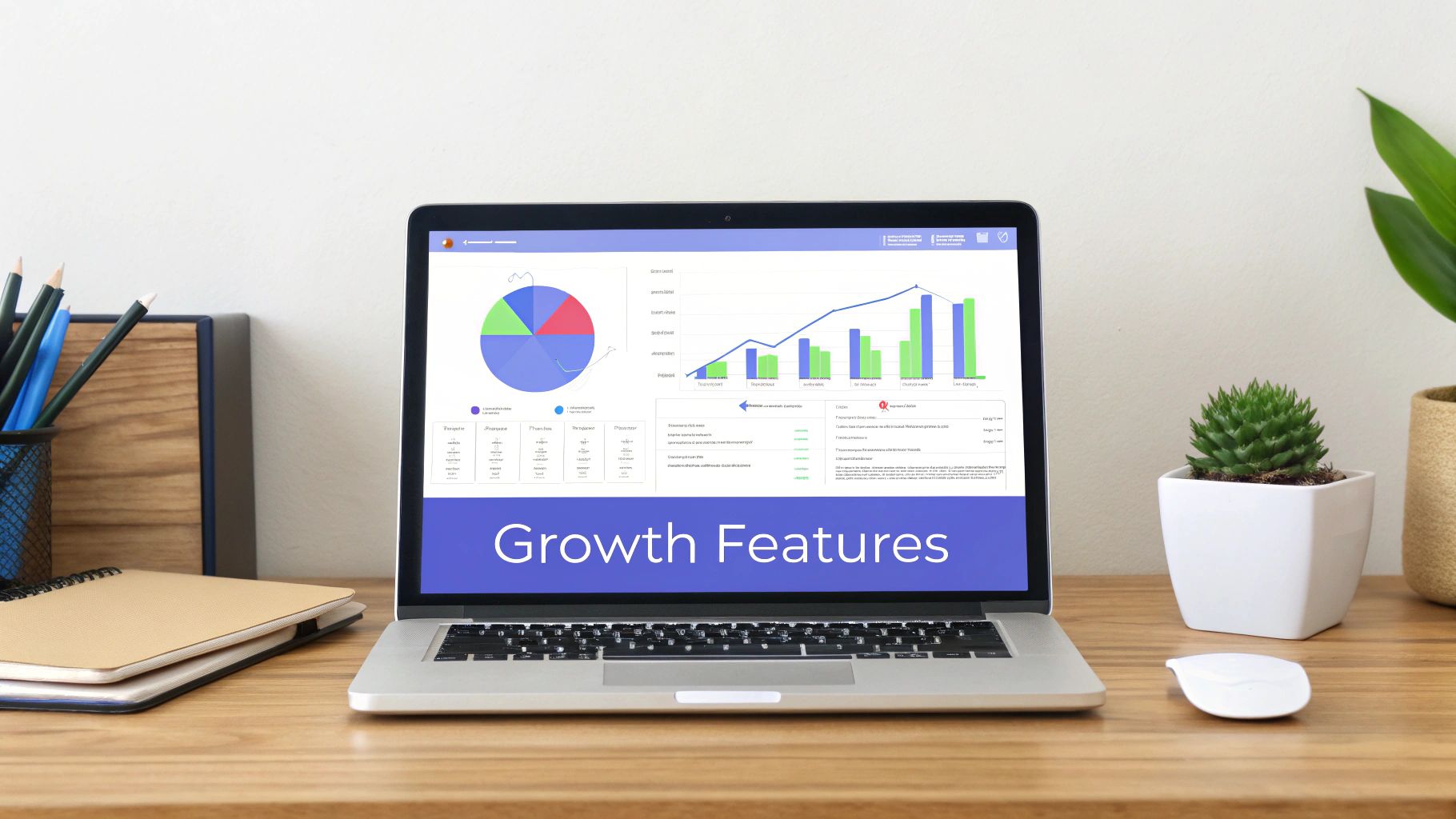 A laptop on a wooden desk displays 'Growth Features' with charts, next to office supplies and plants.