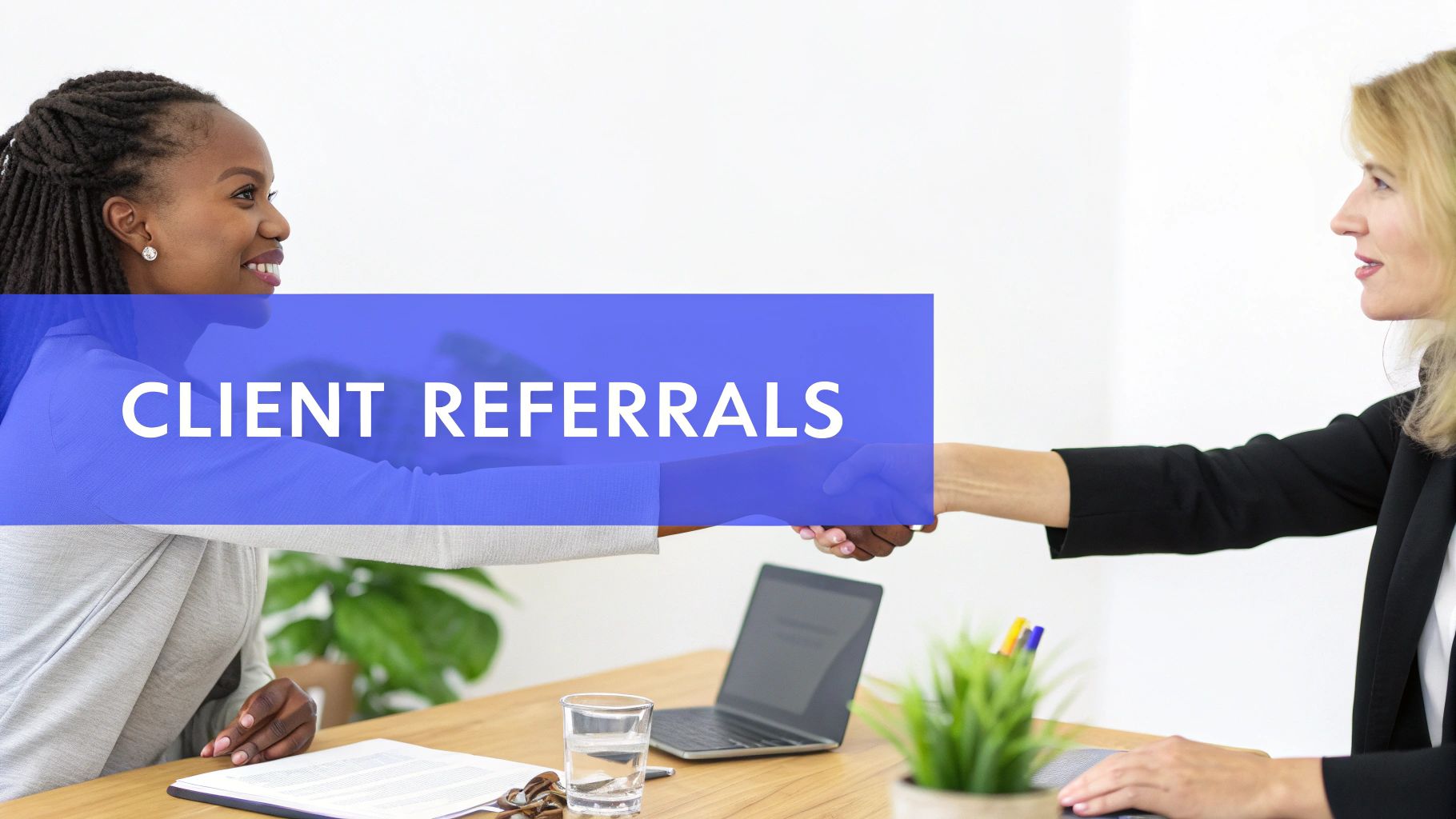 Stylized image showing the core components of a successful referral program: clear goals, ideal clients, and an irresistible offer.