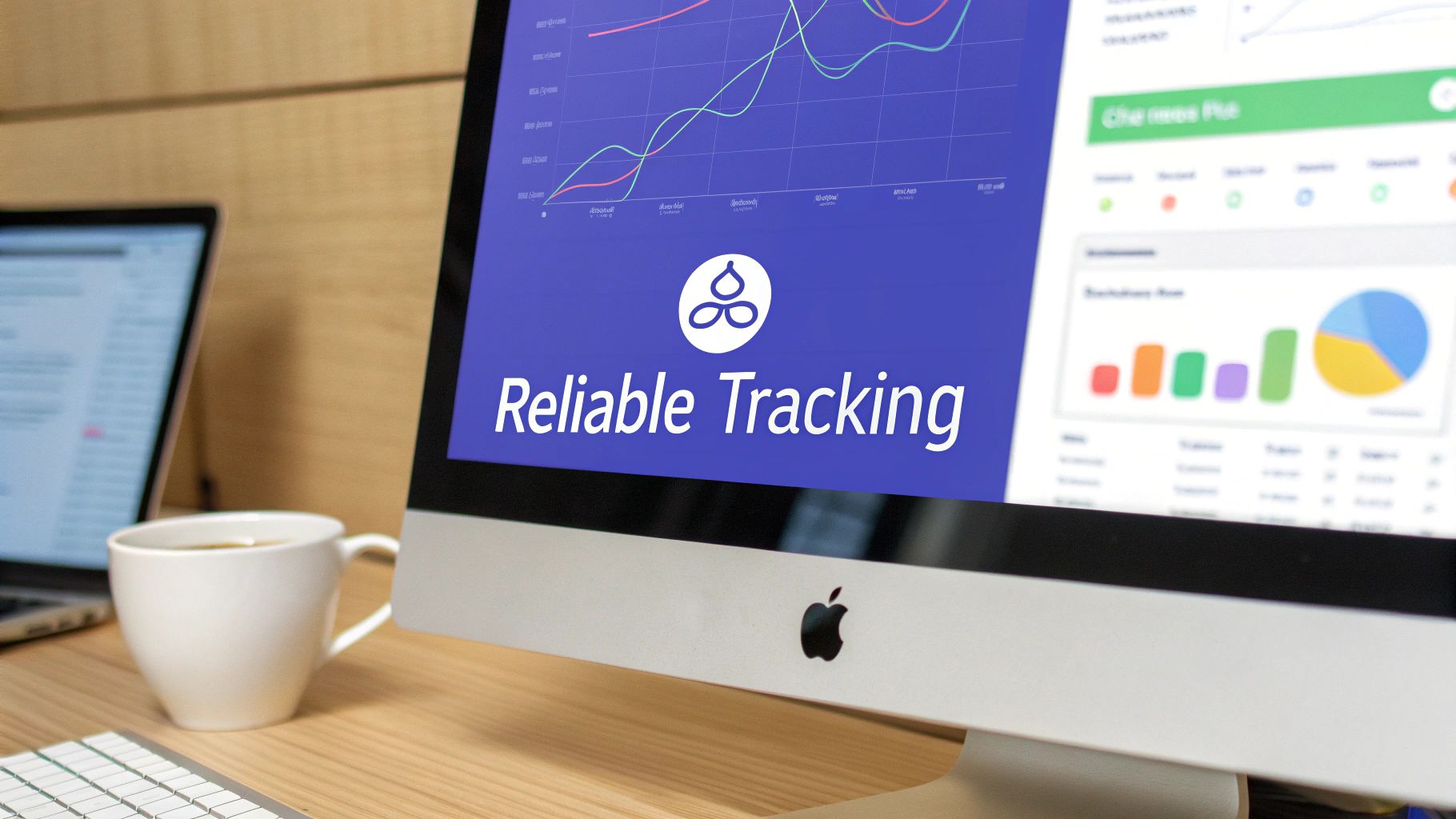 A desktop computer screen displays 'Reliable Tracking' software with graphs and charts in a modern workspace.