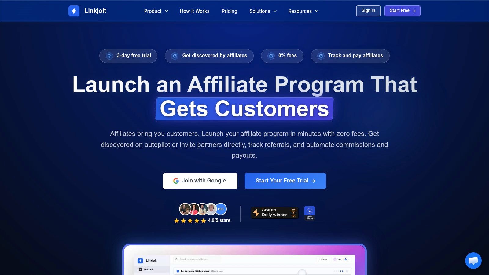 A screenshot of the LinkJolt dashboard, showing key affiliate program metrics like clicks, conversions, and revenue, illustrating its capability as one of the top white label marketing tools.