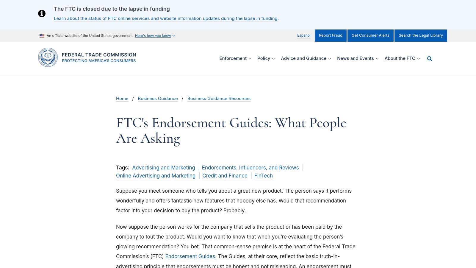 Federal Trade Commission (FTC) – Endorsement Guides and Examples