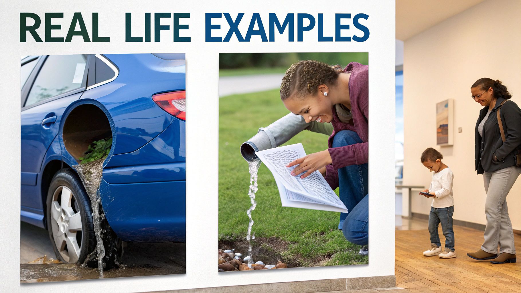 Three small icons representing a car, a house, and a medical cross, showing how deductibles apply to each.