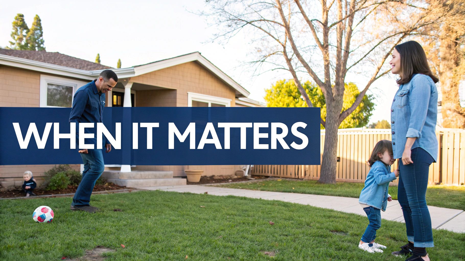 A young couple looking at their new home with a child, representing major life events that trigger the need for life insurance.