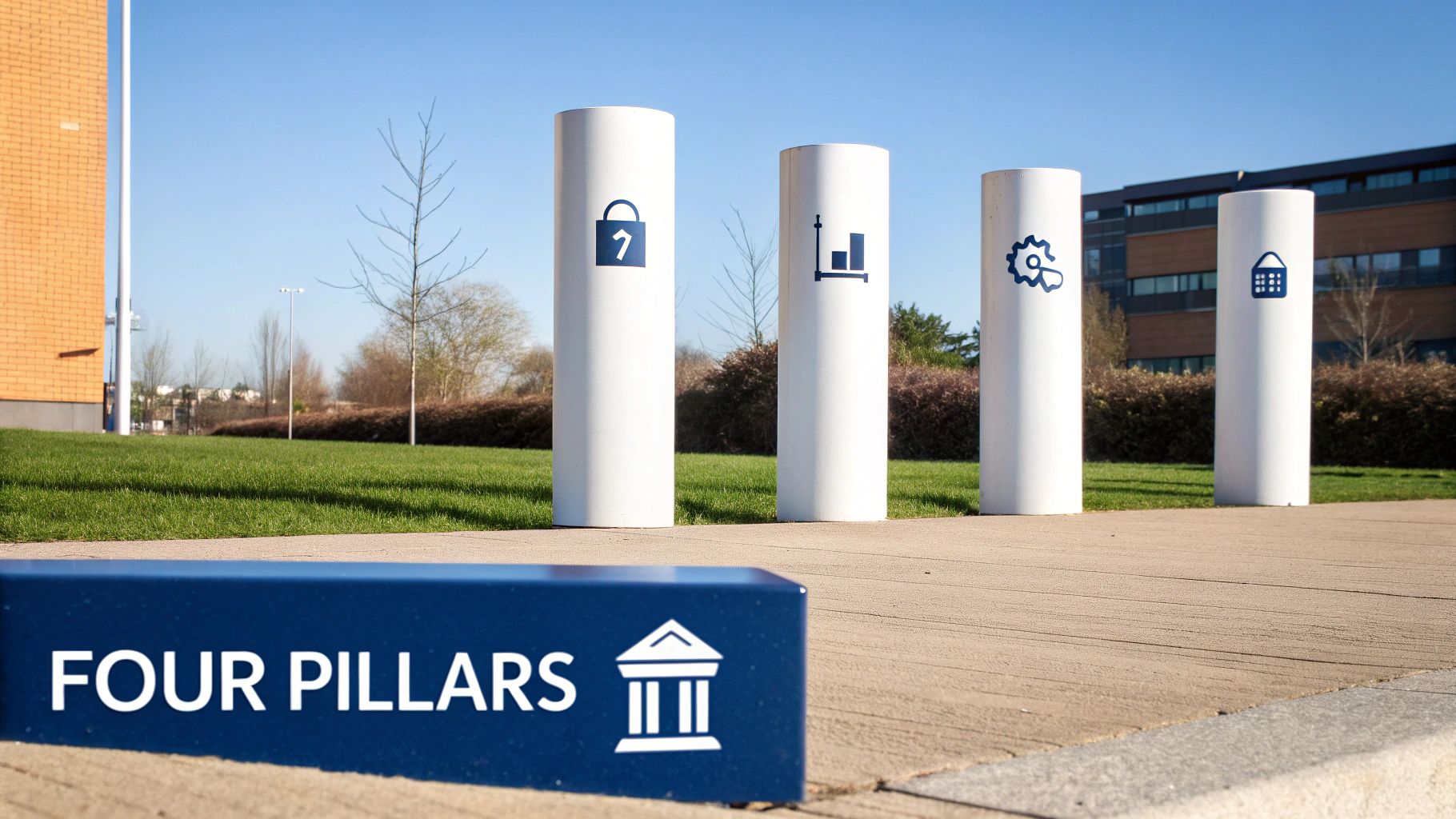 Four stone pillars standing strong, representing a solid foundation.