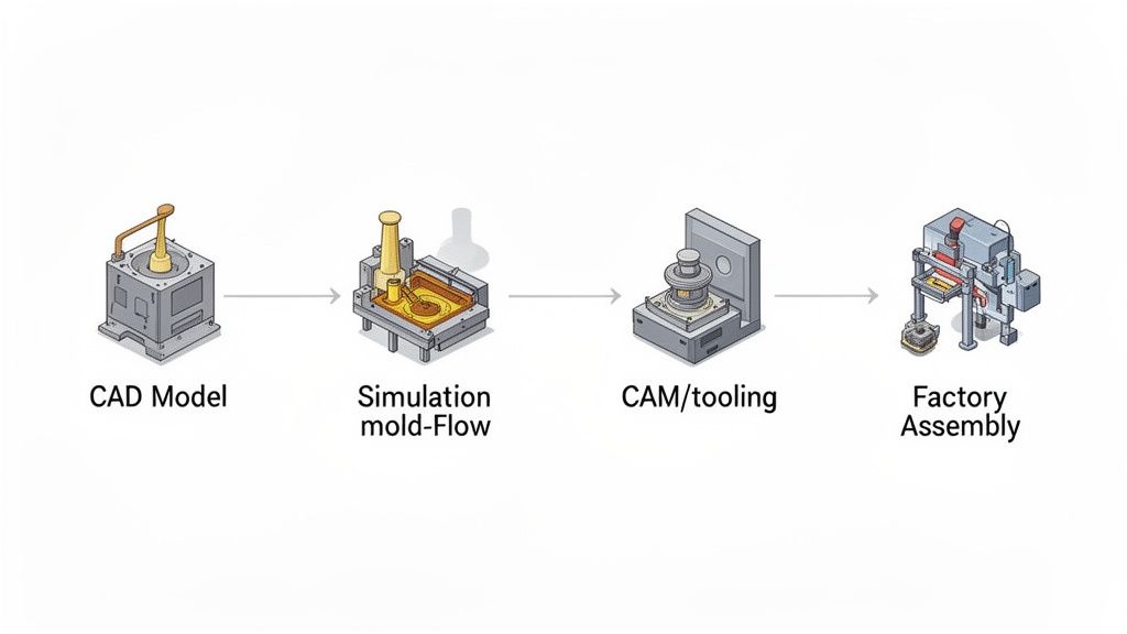 A diagram illustrates the four stages of a manufacturing process: CAD Model, Simulation mold-Flow, CAM/tooling, and Factory Assembly.