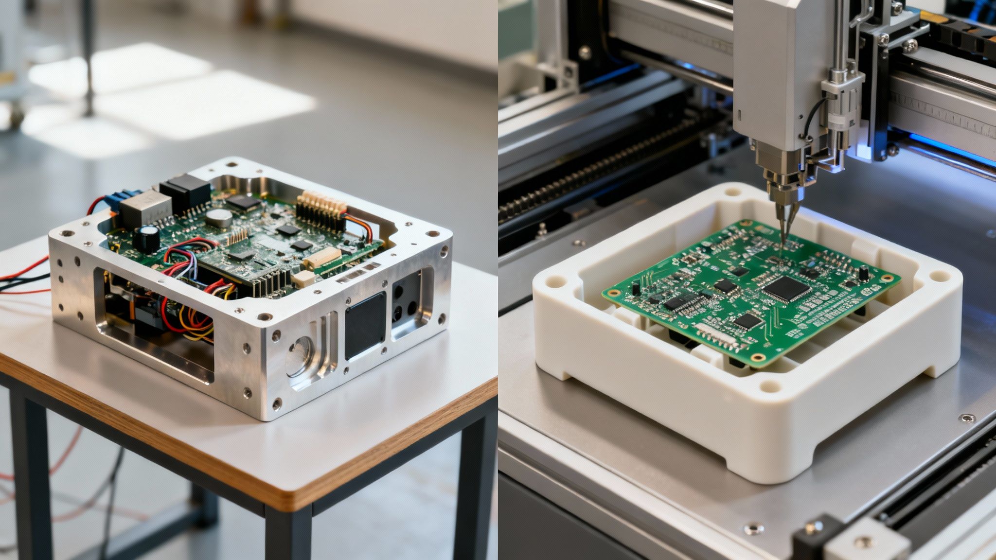 Two images showing electronic components: an open device on a table and a circuit board in an assembly machine.