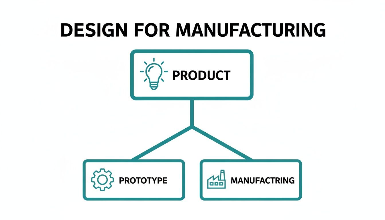 Diagram illustrating the Design for Manufacturing process, showing product, prototype, and manufacturing stages.