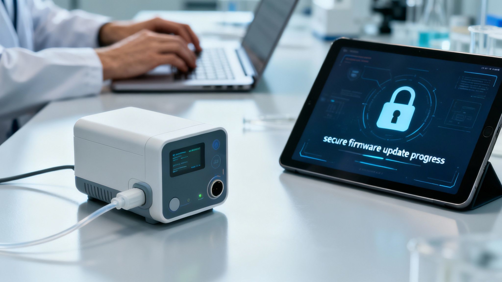 A medical professional updates a secure firmware on a medical device in a lab, with a tablet displaying progress.