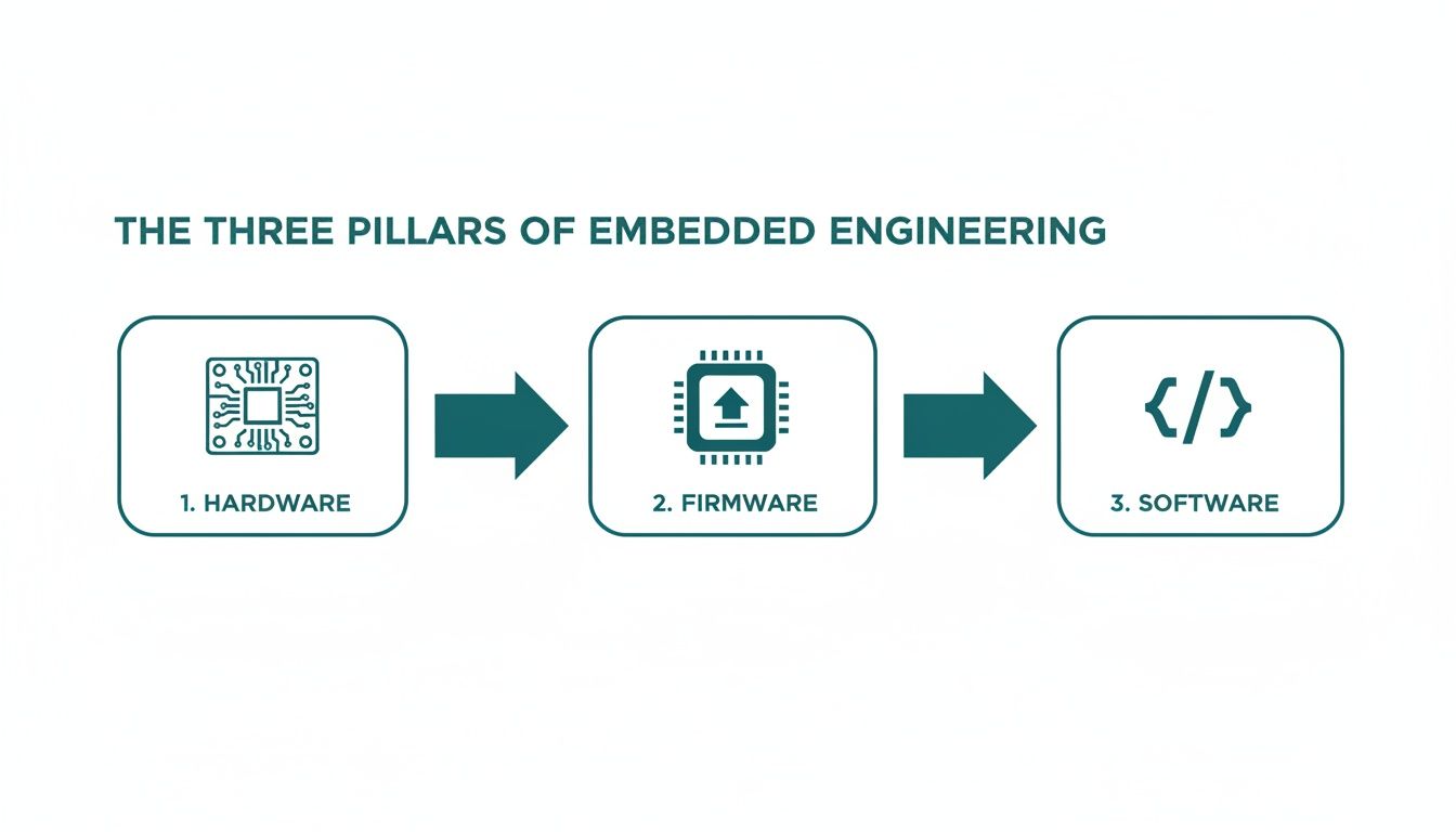 Diagram showing the three pillars of embedded engineering: hardware, firmware, and software with icons.